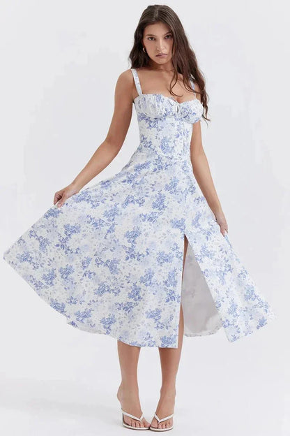 Women's Garden Party Floral Corset Midi Dress in Pink Print Linsay