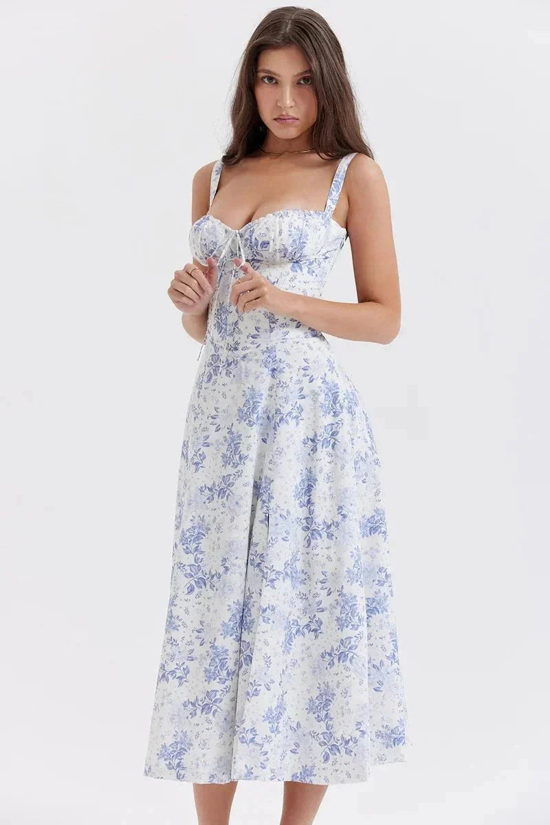Women's Garden Party Floral Corset Midi Dress in Pink Print Linsay