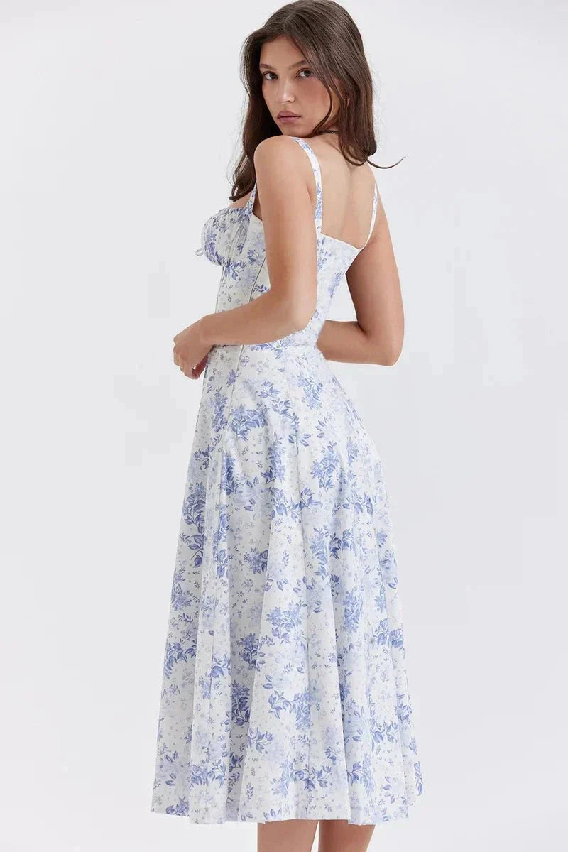 Women's Garden Party Floral Corset Midi Dress in Pink Print Linsay