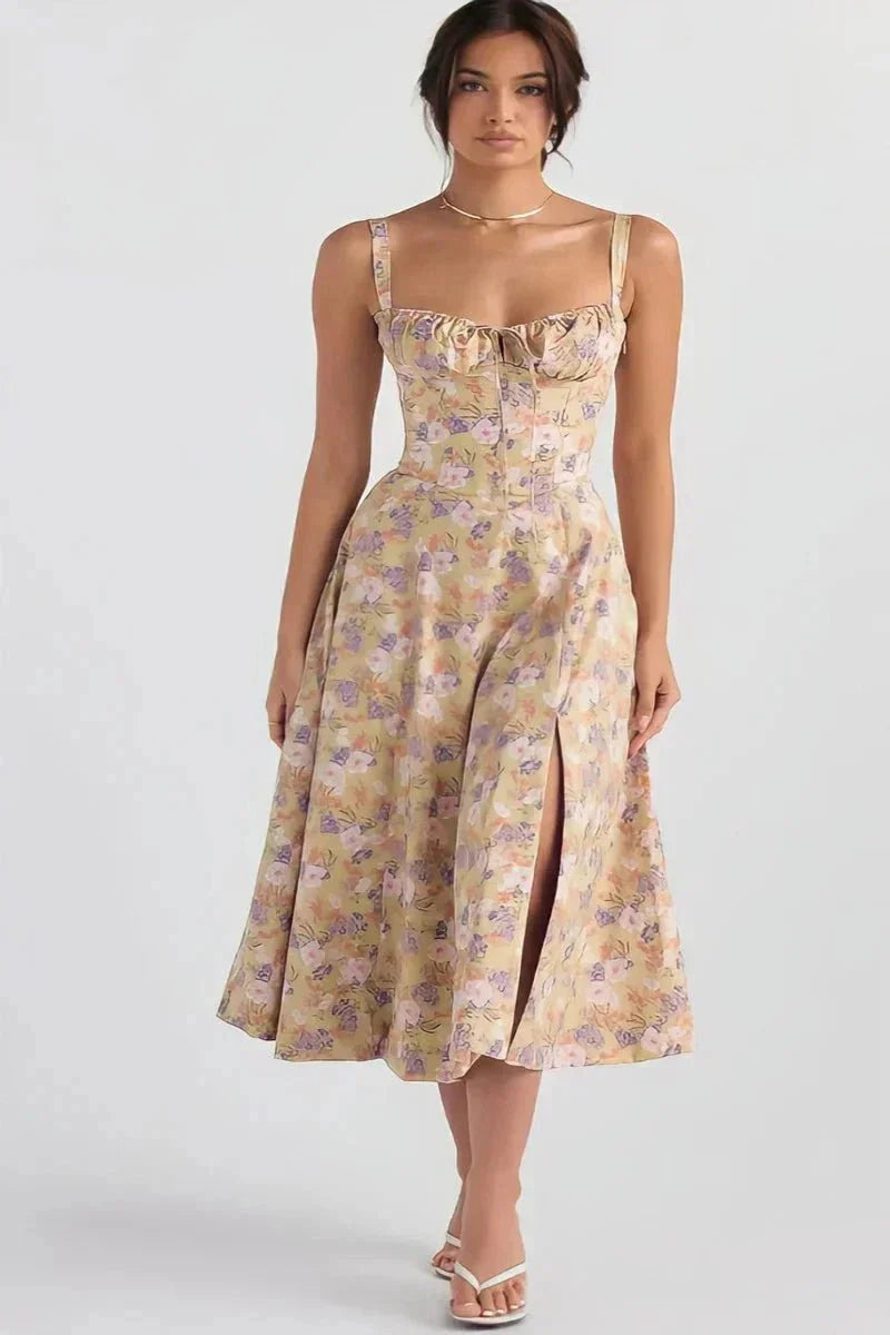Women's Garden Party Floral Corset Midi Dress in Pink Print Linsay
