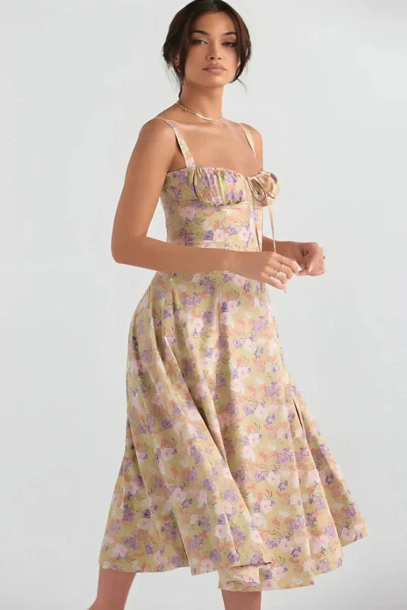 Women's Garden Party Floral Corset Midi Dress in Yellow Linsay