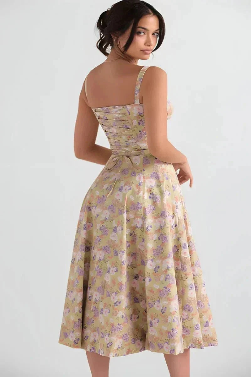 Women's Garden Party Floral Corset Midi Dress in Yellow Linsay