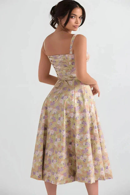Women's Garden Party Floral Corset Midi Dress in Yellow Linsay