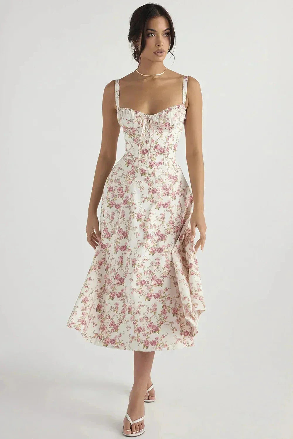 Women's Garden Party Floral Corset Midi Dress in Yellow Linsay
