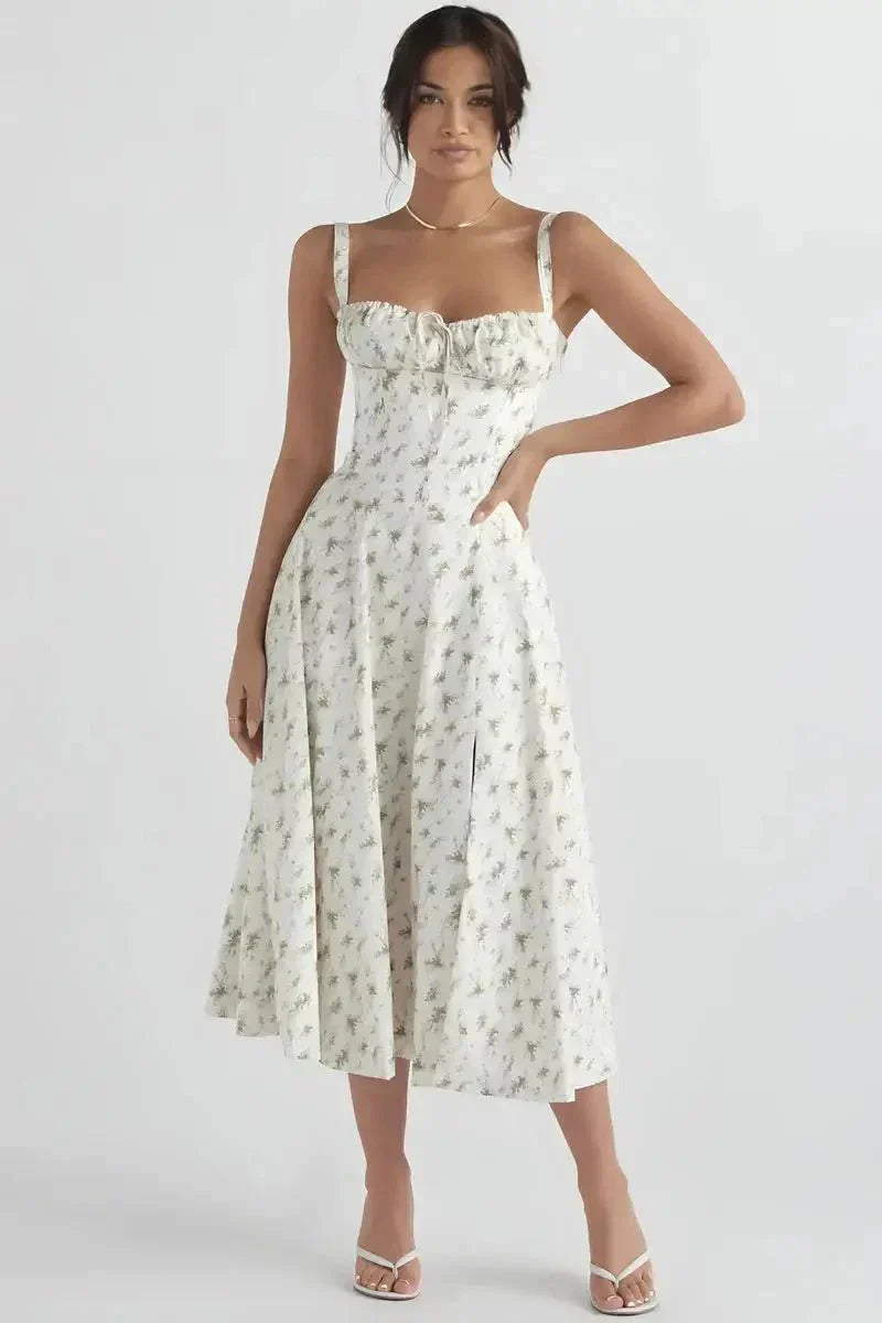 Women's Garden Party Floral Corset Midi Dress in White Floral Linsay