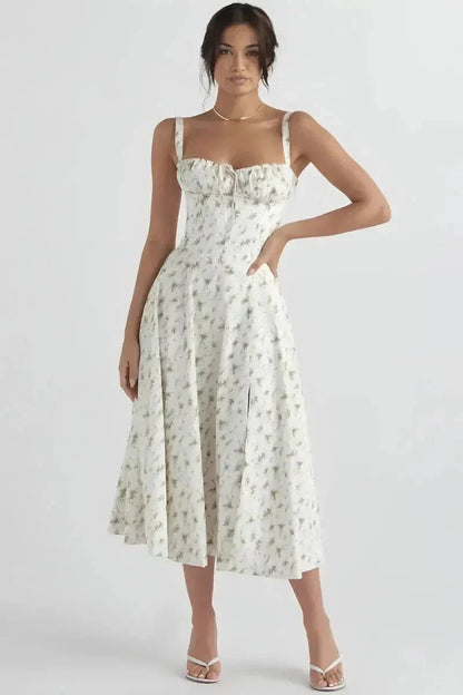 Women's Garden Party Floral Corset Midi Dress in White Floral Linsay