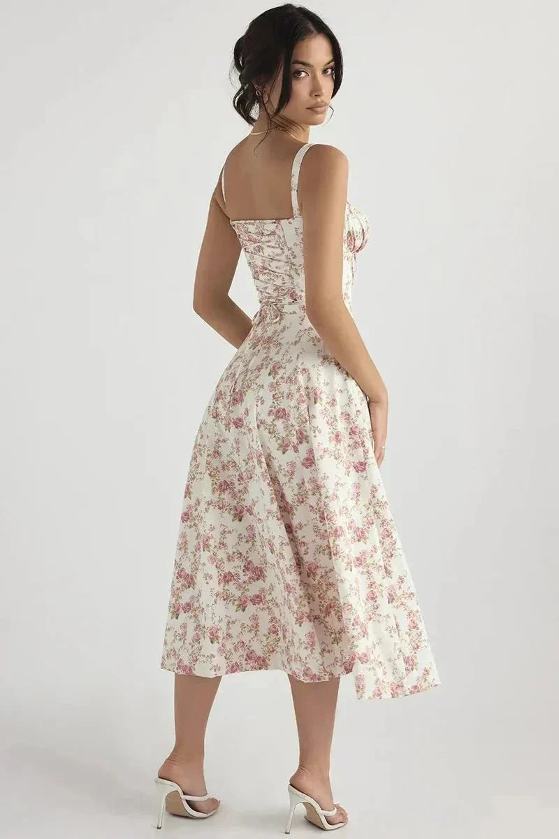 Women's Garden Party Floral Corset Midi Dress in Yellow Linsay