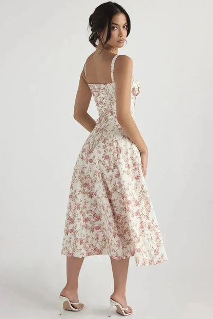 Women's Garden Party Floral Corset Midi Dress in Yellow Linsay
