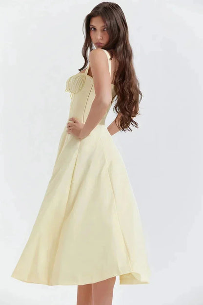 Women's Garden Party Floral Corset Midi Dress in Red Linsay