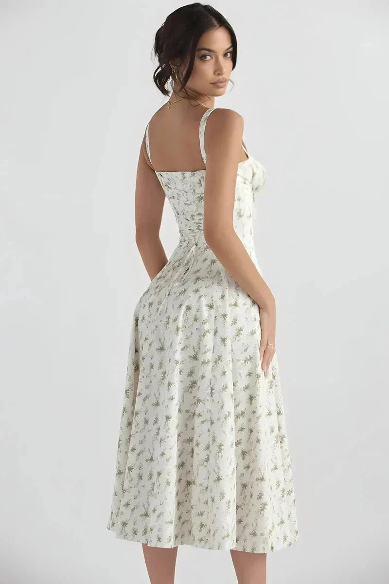 Women's Garden Party Floral Corset Midi Dress in White Floral Linsay