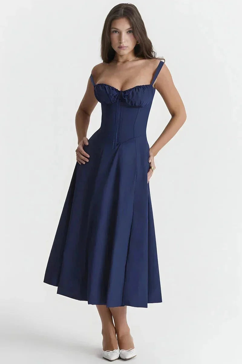 Women's Garden Party Floral Corset Midi Dress in Blue Floral Linsay