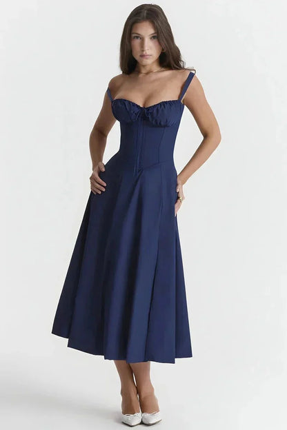 Women's Garden Party Floral Corset Midi Dress in Blue Floral Linsay