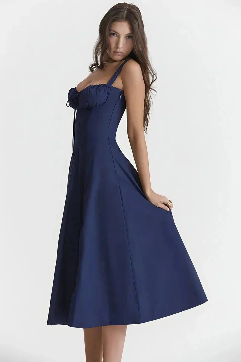 Women's Garden Party Floral Corset Midi Dress in Blue Floral Linsay