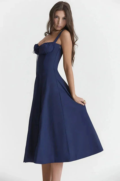 Women's Garden Party Floral Corset Midi Dress in Blue Floral Linsay