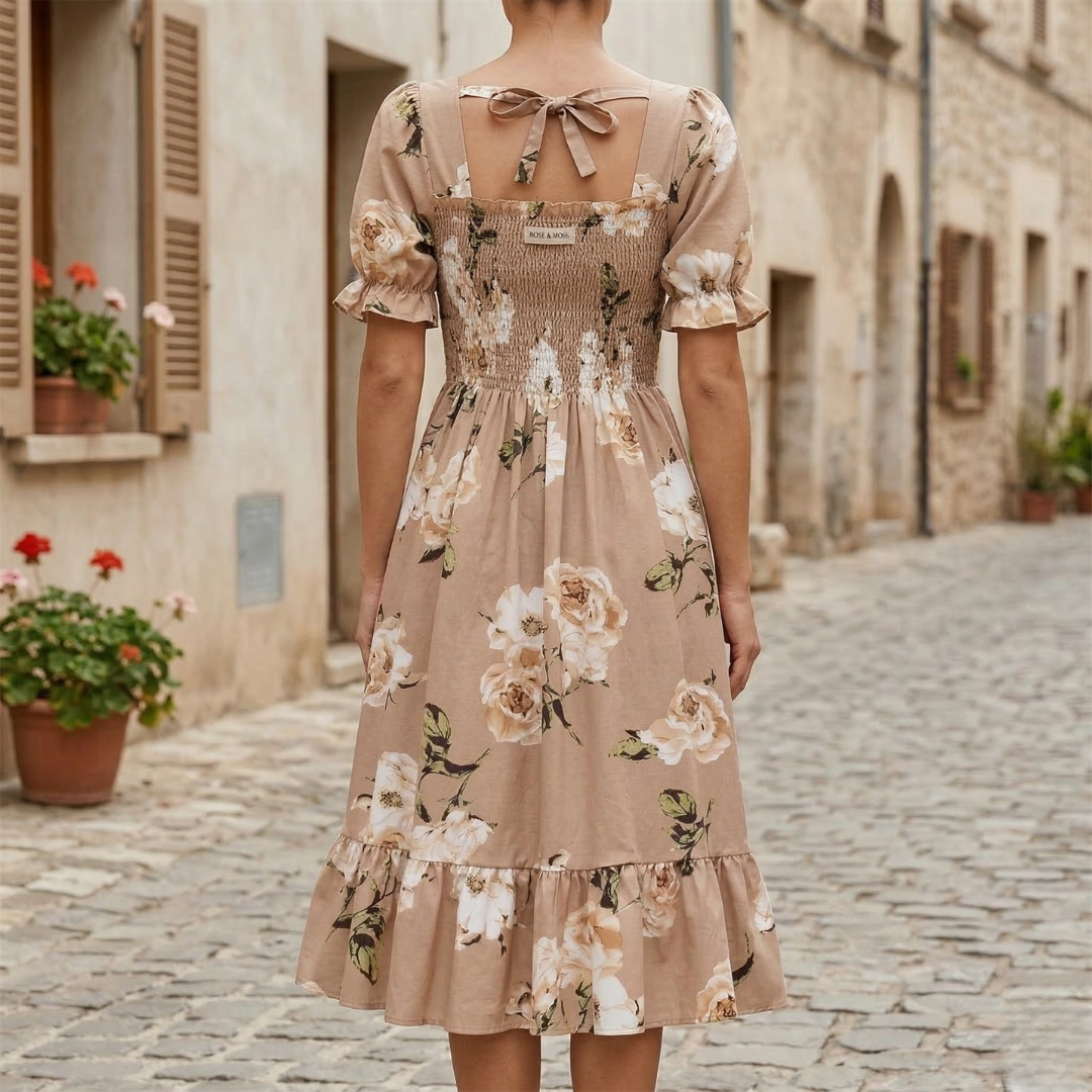 Women's Brunch Floral Square Neck Smocked Midi Dress in Black