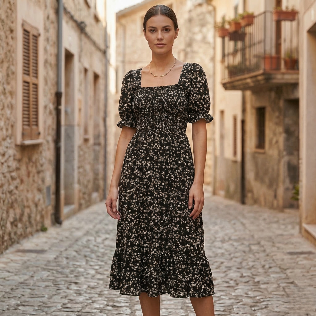 Women's Brunch Floral Square Neck Smocked Midi Dress in Brown