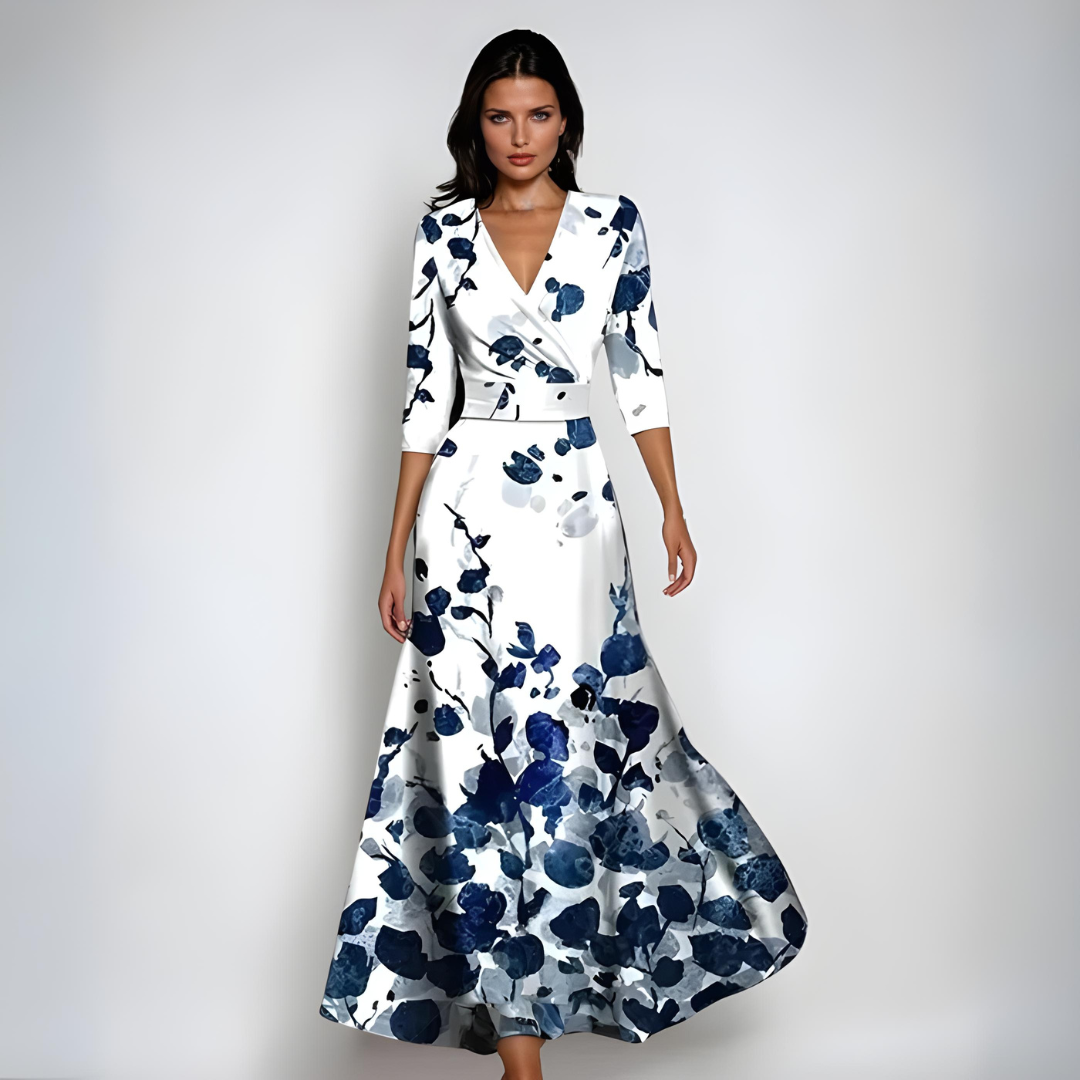 Women's Floral V Neck Three Quarter Sleeve Wedding Guest Maxi Dress in Rosé Breeze