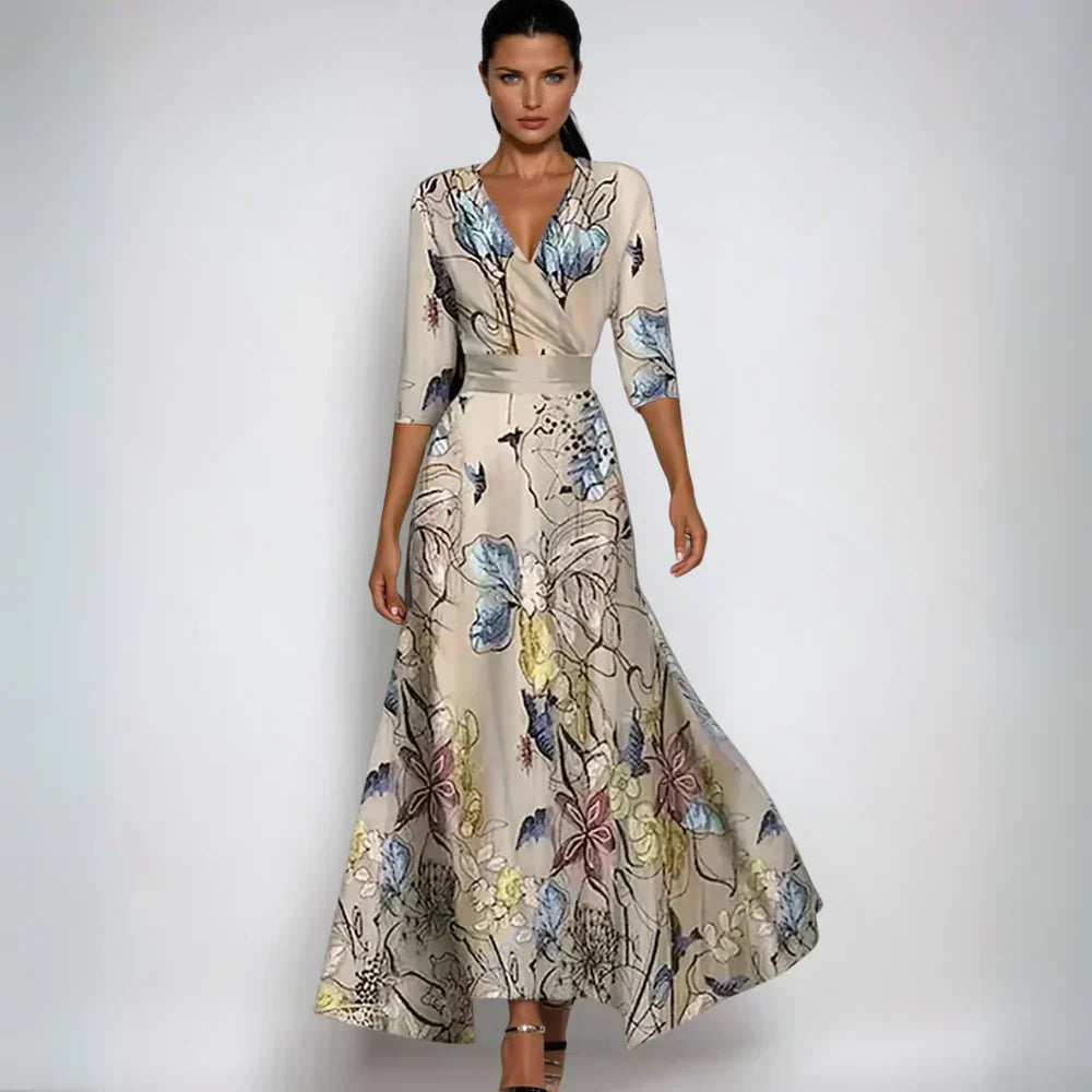 Women's Floral V Neck Three Quarter Sleeve Wedding Guest Maxi Dress in Rosé Breeze