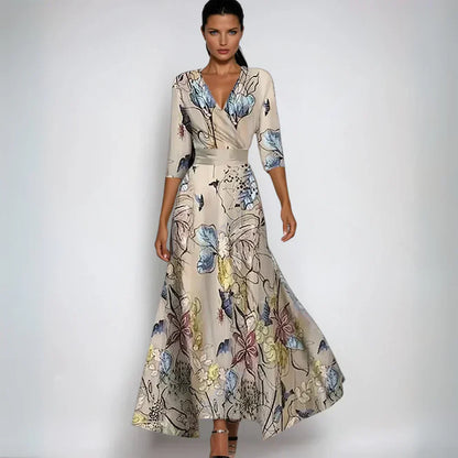 Women's Floral V Neck Three Quarter Sleeve Wedding Guest Maxi Dress in Rosé Breeze