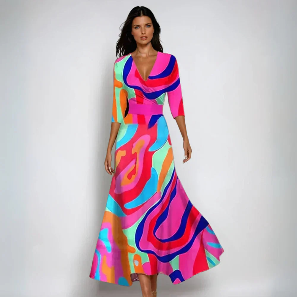 Women's Floral V Neck Three Quarter Sleeve Wedding Guest Maxi Dress in Rosé Breeze
