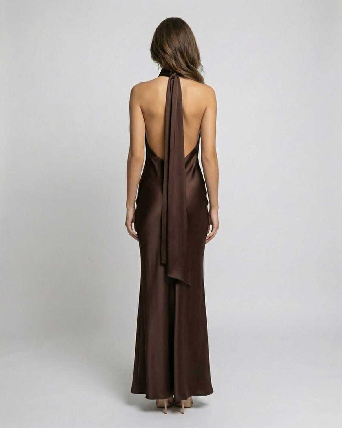 Women's Evening Halter Maxi Dress in Brown