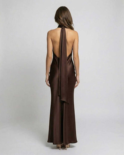 Women's Evening Halter Maxi Dress in Brown