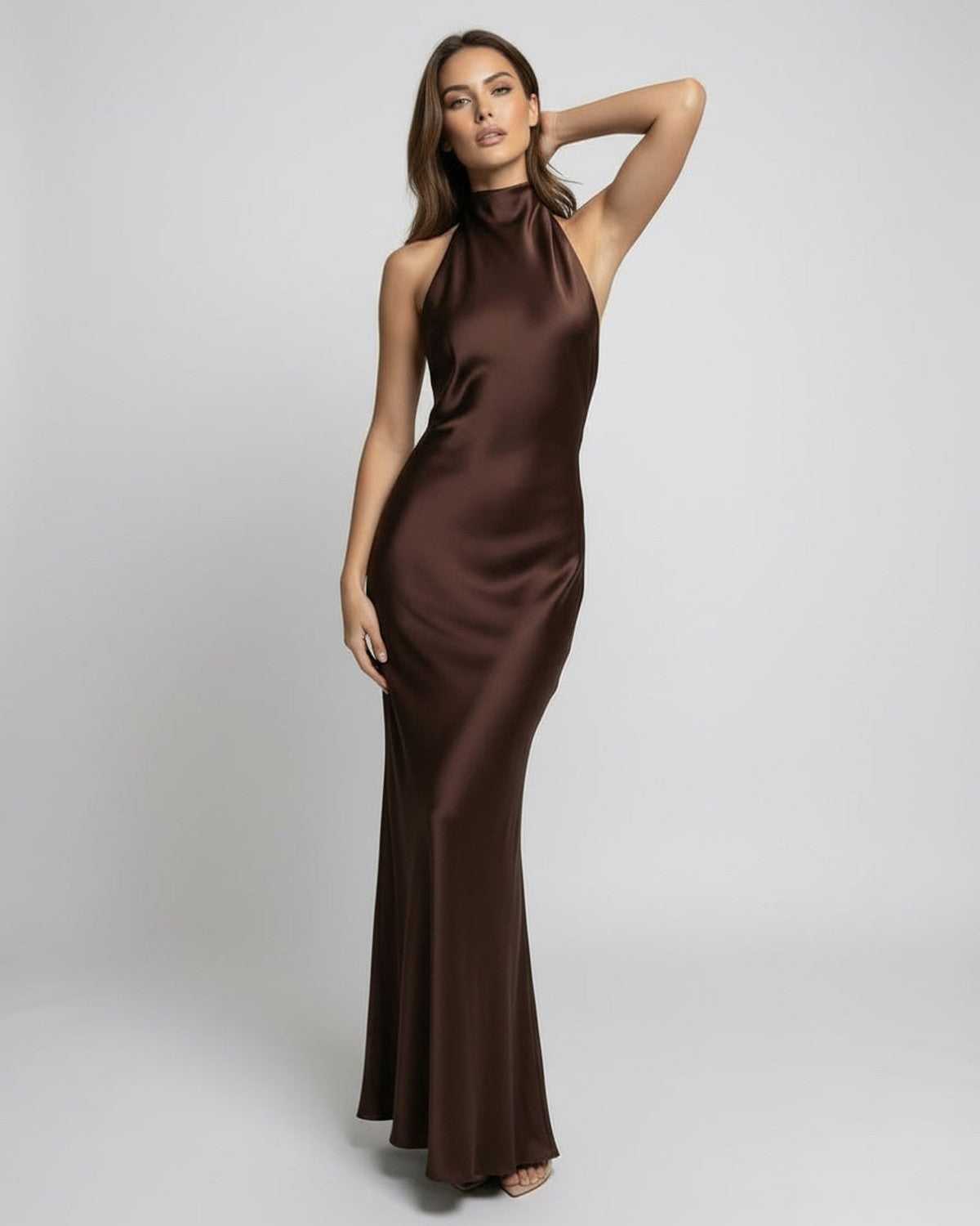 Women's Evening Halter Maxi Dress in Brown