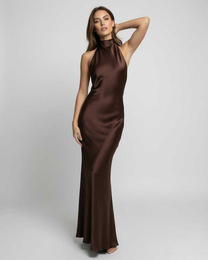 Women's Evening Halter Maxi Dress in Brown