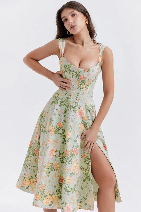 Women's Formal Off Shoulder Midi Dress in Floral Pink