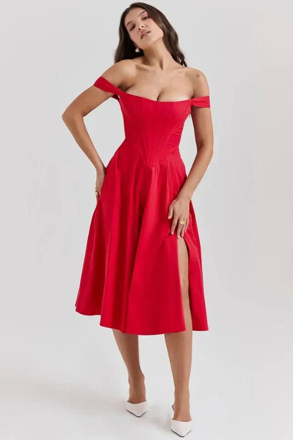 Women's Formal Off Shoulder Midi Dress in Red