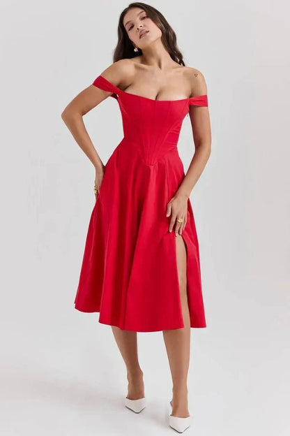 Women's Formal Off Shoulder Midi Dress in Red