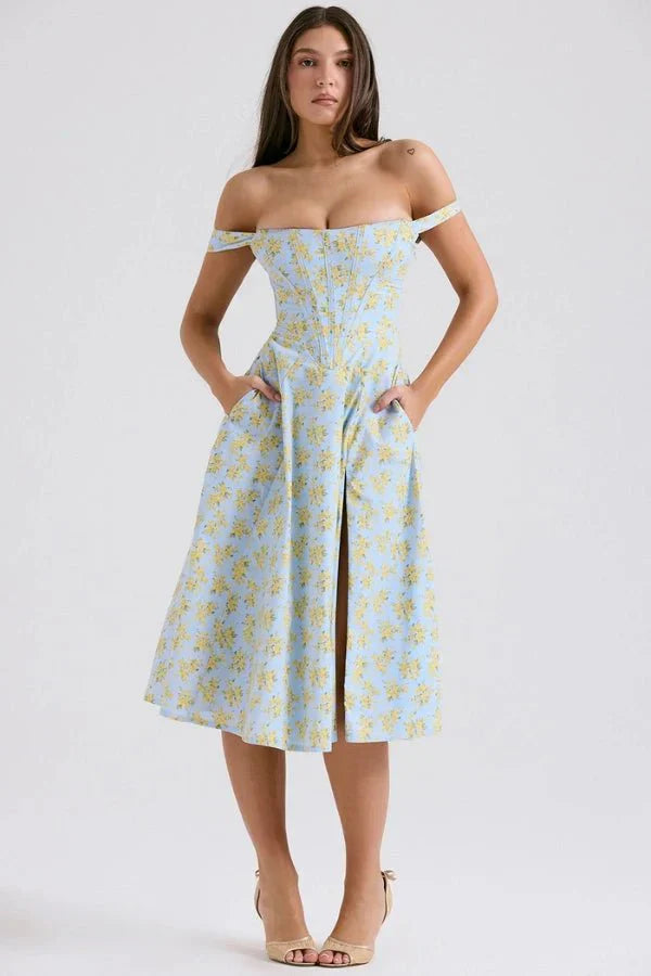 Women's Formal Off Shoulder Midi Dress in Floral Green