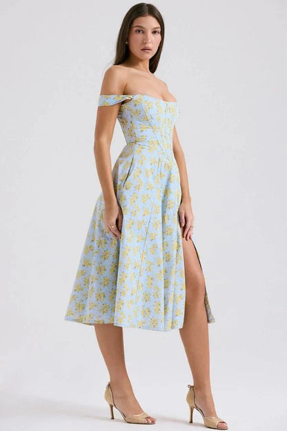 Women's Formal Off Shoulder Midi Dress in Floral Green