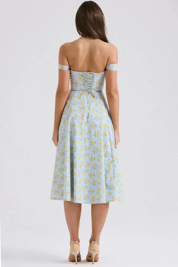 Women's Formal Off Shoulder Midi Dress in Floral Blue