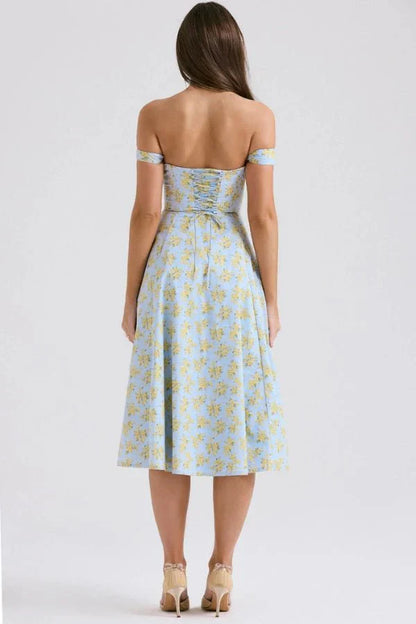 Women's Formal Off Shoulder Midi Dress in Floral Blue