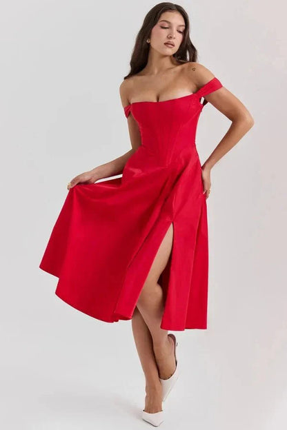 Women's Formal Off Shoulder Midi Dress in Red