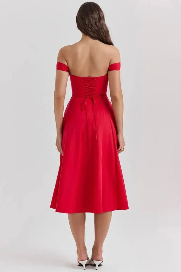 Women's Formal Off Shoulder Midi Dress in Red