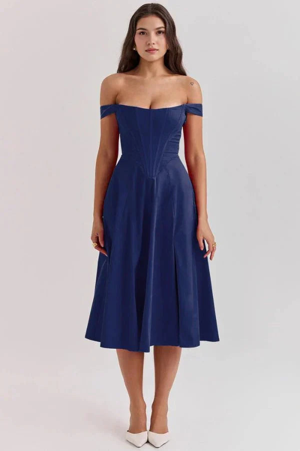Women's Formal Off Shoulder Midi Dress in Blue