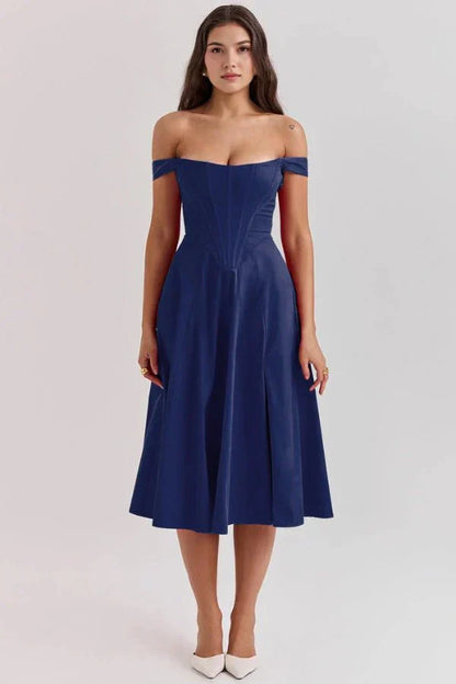 Women's Formal Off Shoulder Midi Dress in Blue