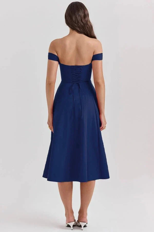 Women's Formal Off Shoulder Midi Dress in Blue