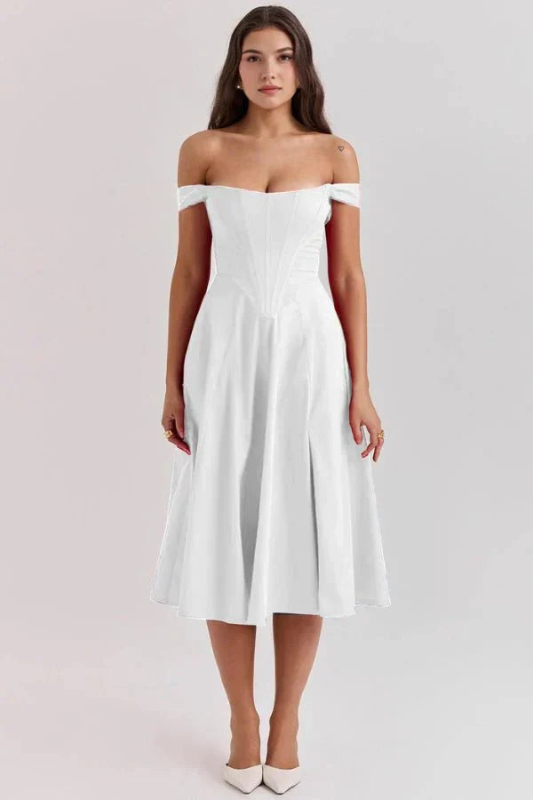 Women's Formal Off Shoulder Midi Dress in White