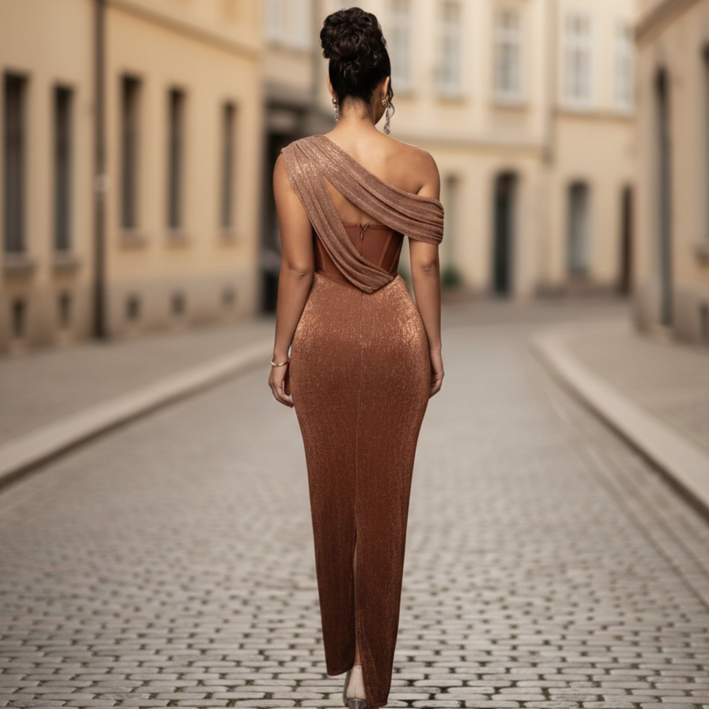 Women's Formal One Shoulder Maxi Dress in Brown