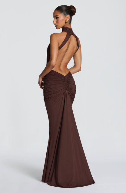 Women's Formal Ruched Halter Maxi Dress in Brown