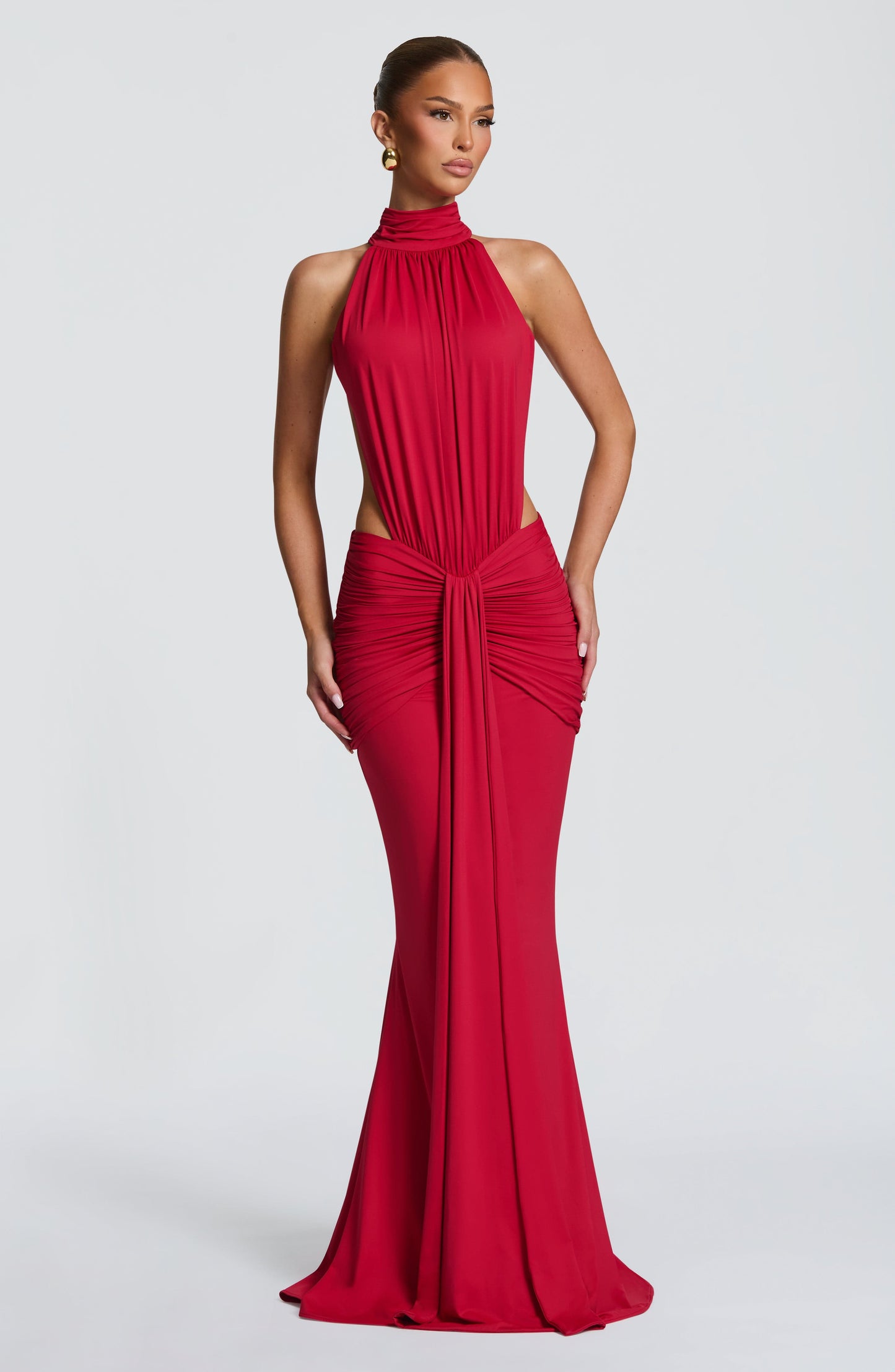 Women's Formal Ruched Halter Maxi Dress in Red