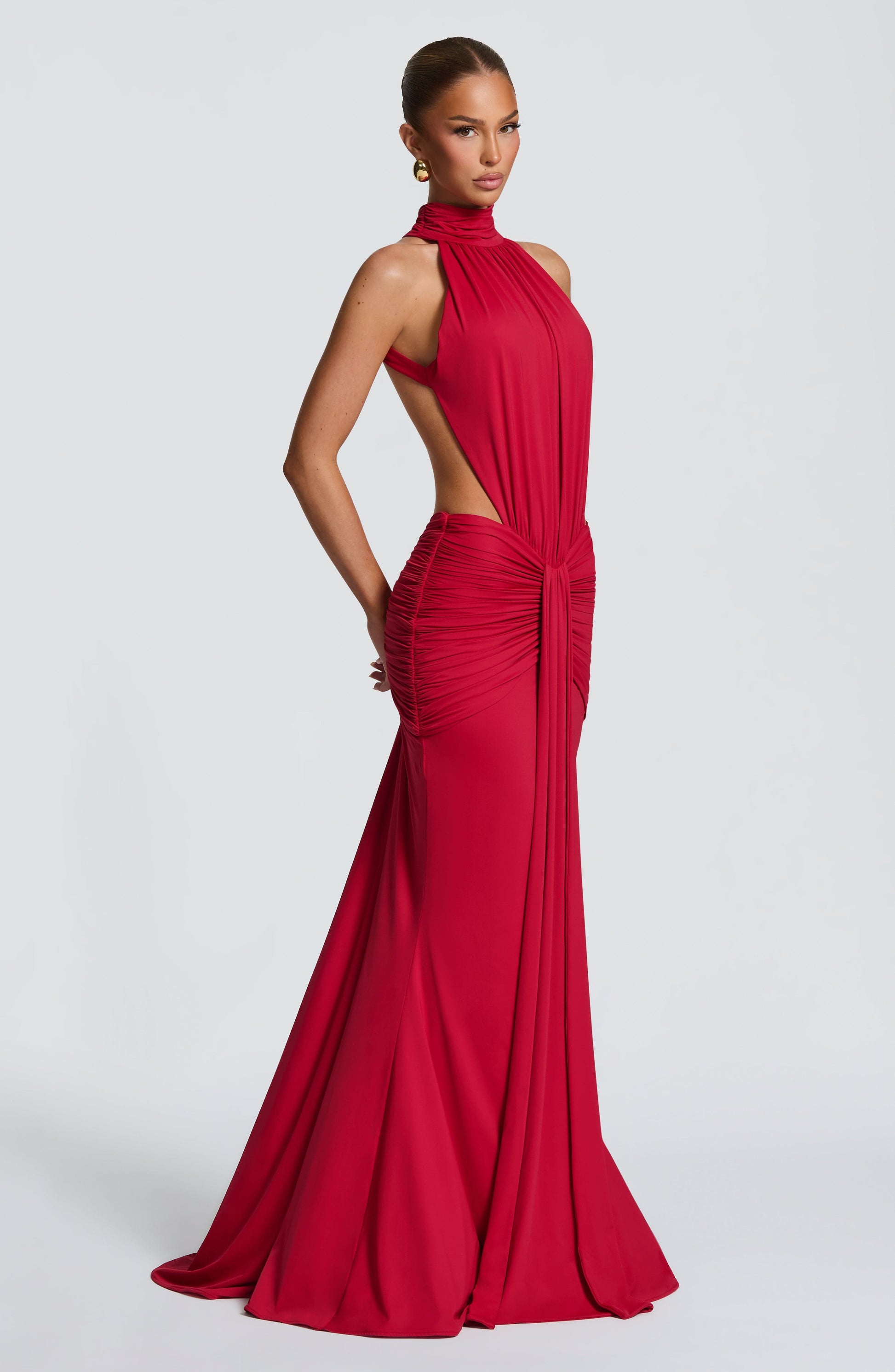 Women's Formal Ruched Halter Maxi Dress in Red