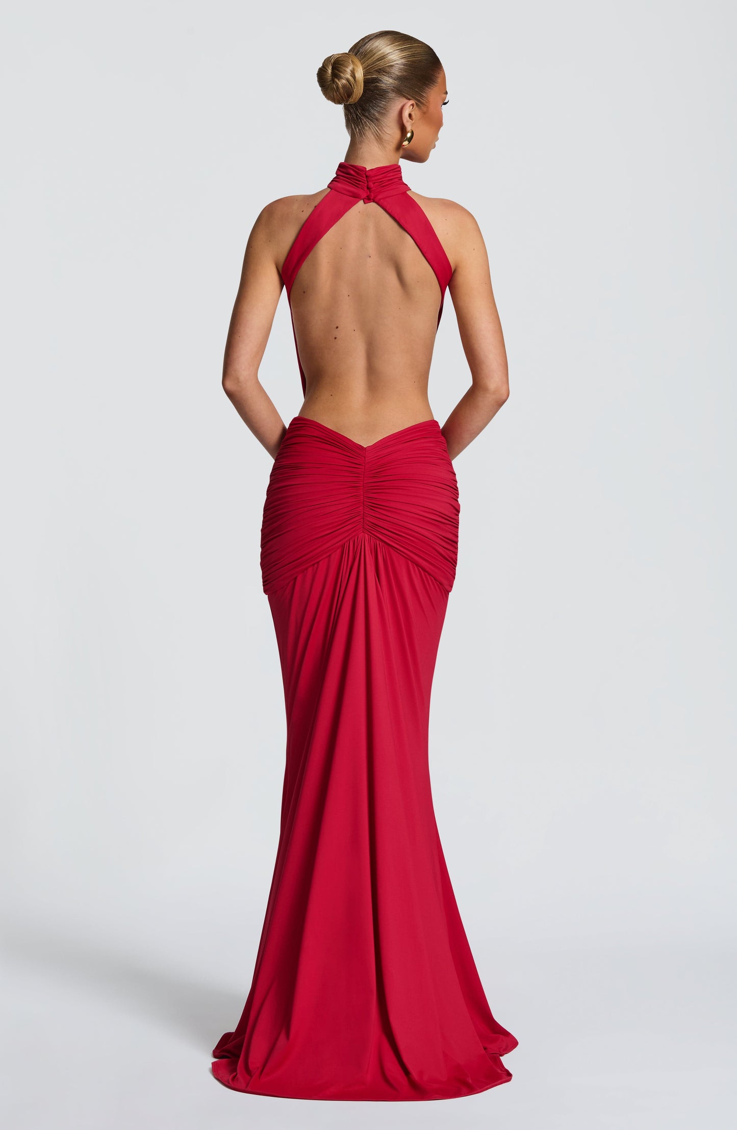 Women's Formal Ruched Halter Maxi Dress in Red