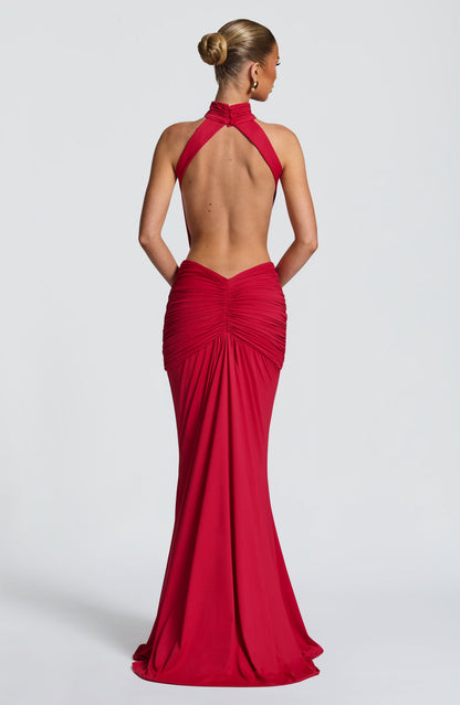Women's Formal Ruched Halter Maxi Dress in Red