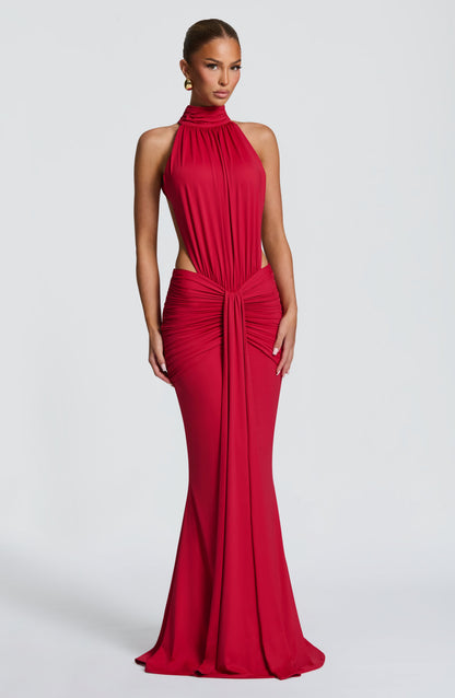 Women's Formal Ruched Halter Maxi Dress in Red