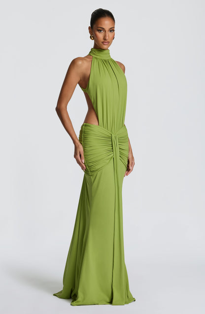Women's Formal Ruched Halter Maxi Dress in Green