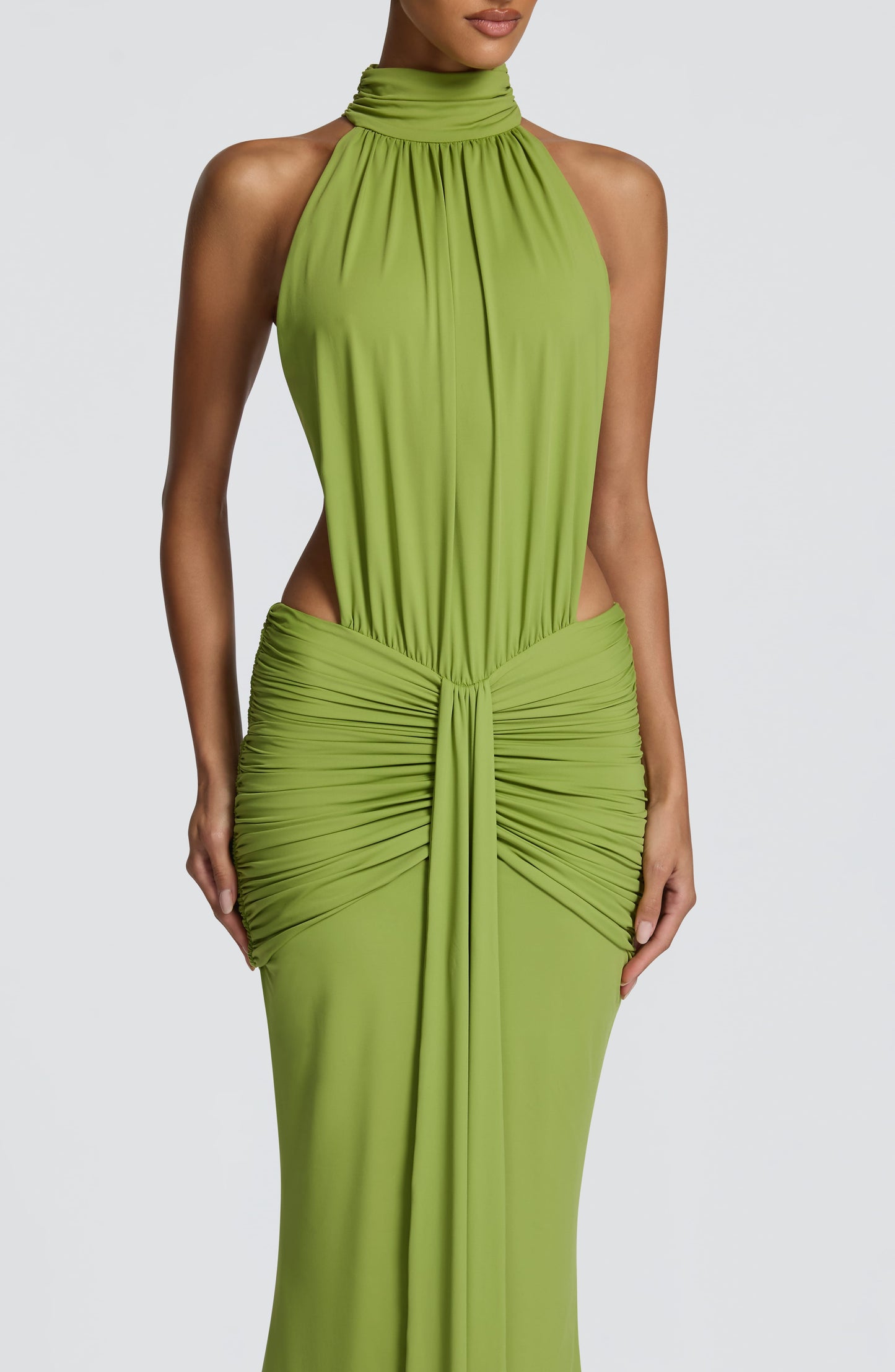 Women's Formal Ruched Halter Maxi Dress in Green